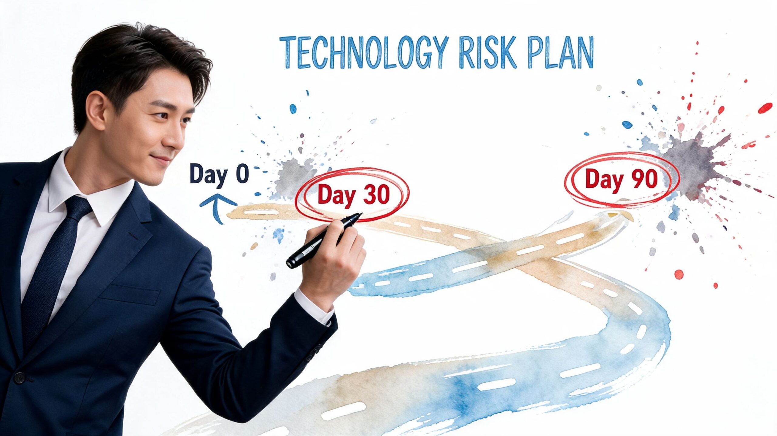 A professional man in a suit drawing a technology risk plan roadmap on a white wall.