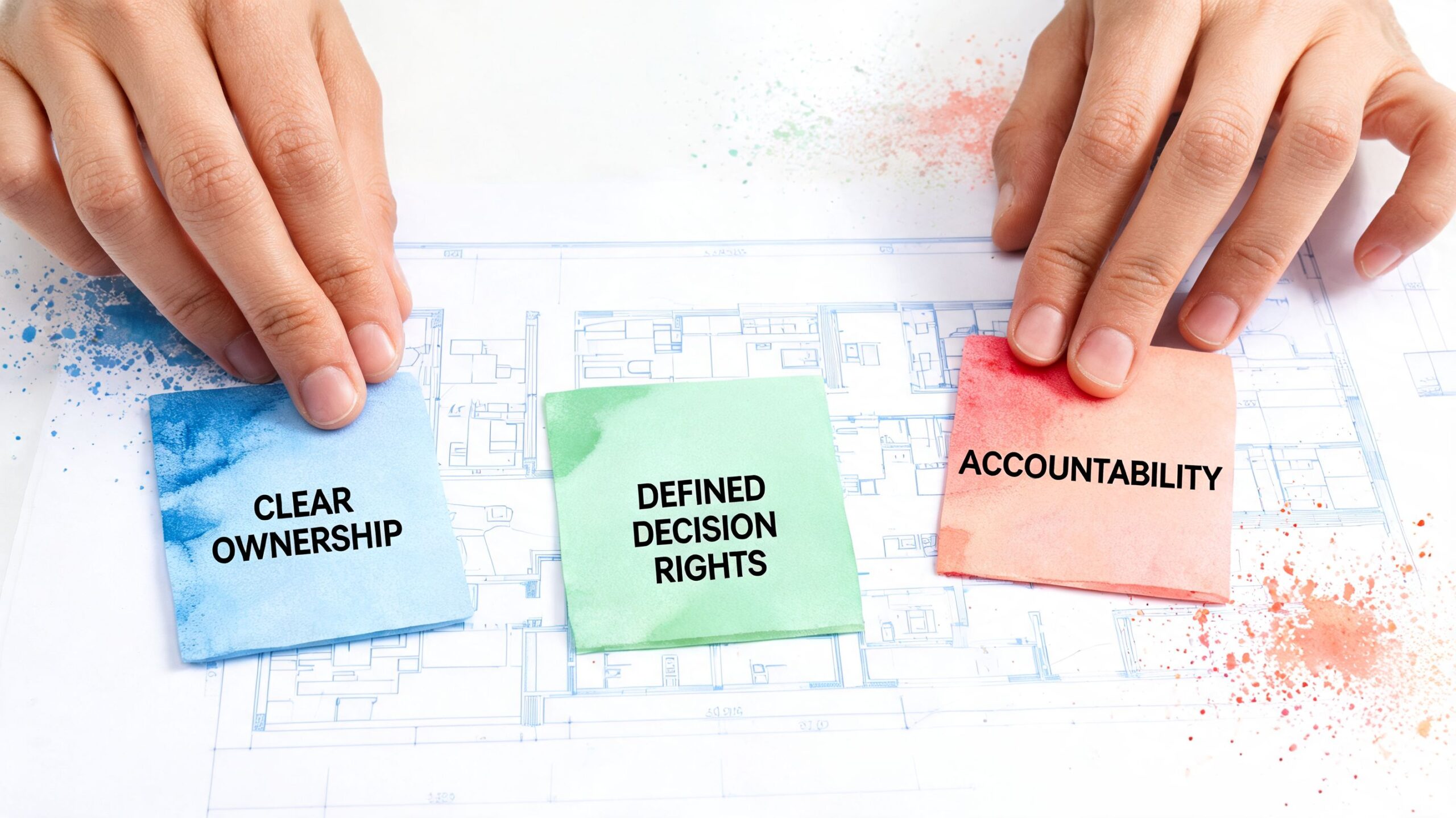 Hands placing colorful sticky notes labeled clear ownership, defined decision rights, and accountability on a blueprint.
