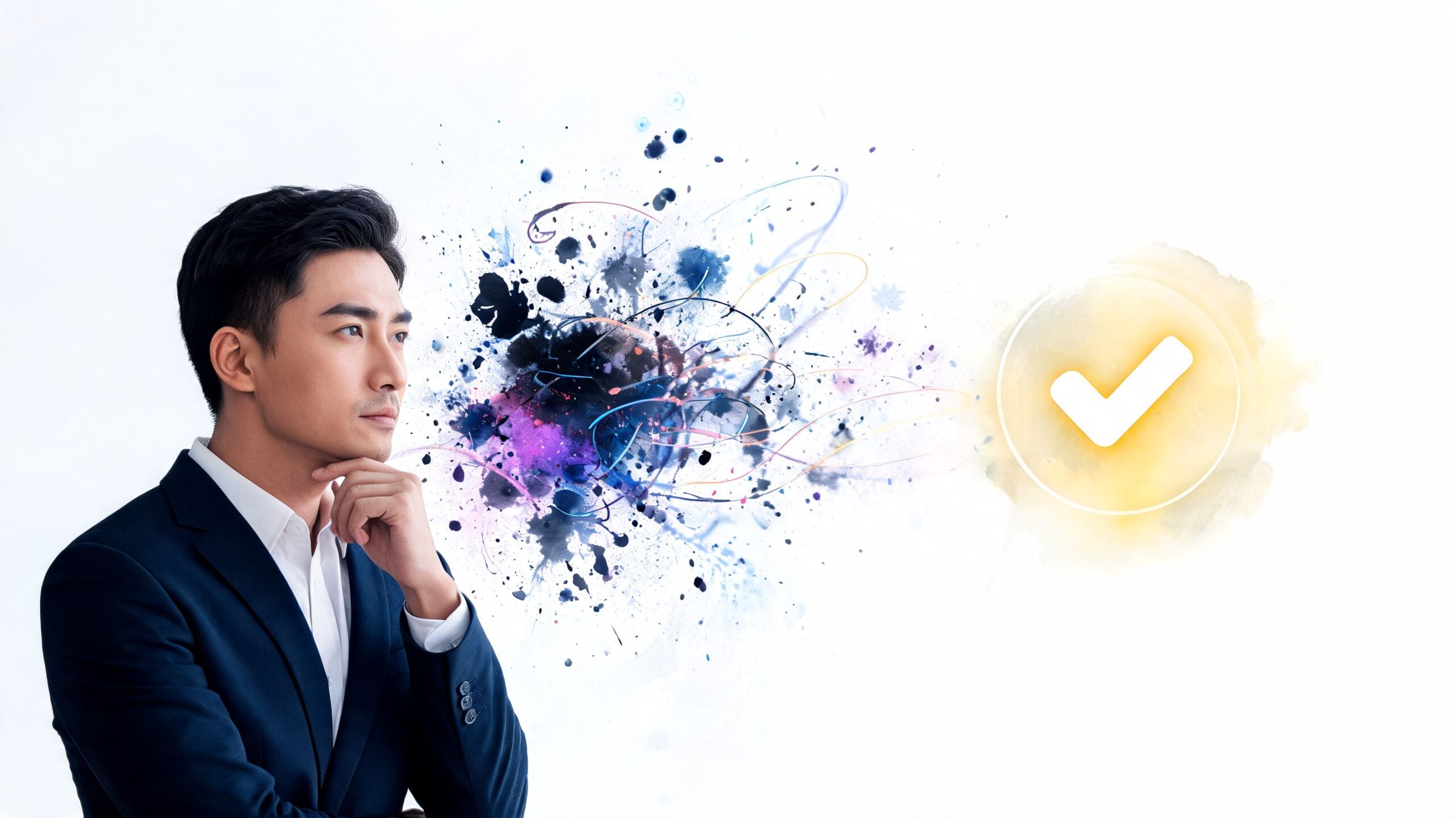 A professional man in a suit thoughtfully looking towards a colorful abstract graphic with a checkmark symbol.