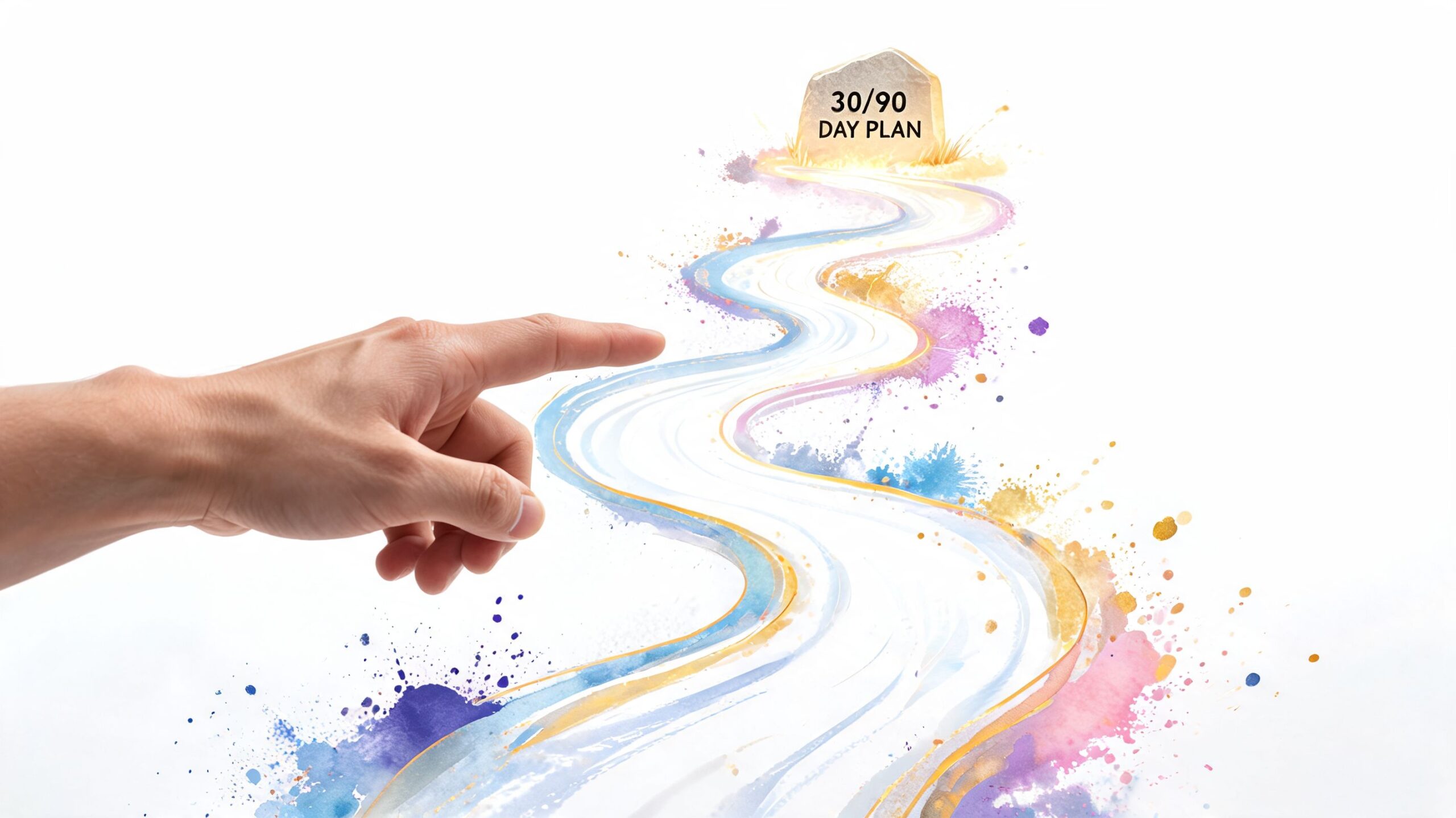 A human hand pointing towards a winding, colorful watercolor road leading to a 30/90 day plan milestone.