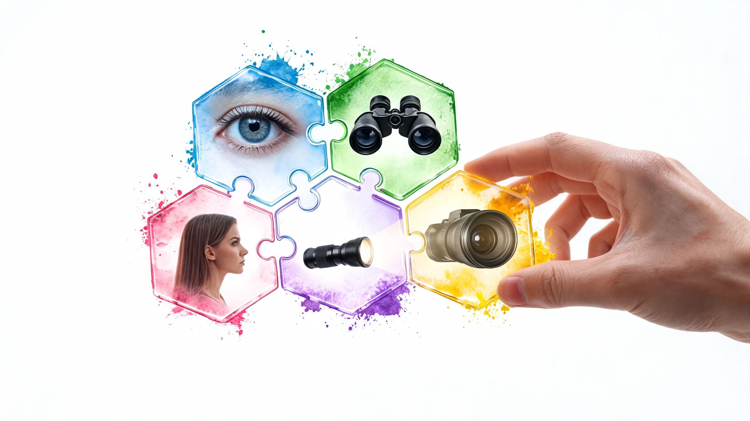 A hand placing a yellow puzzle piece containing a camera lens into a digital investigation jigsaw puzzle.