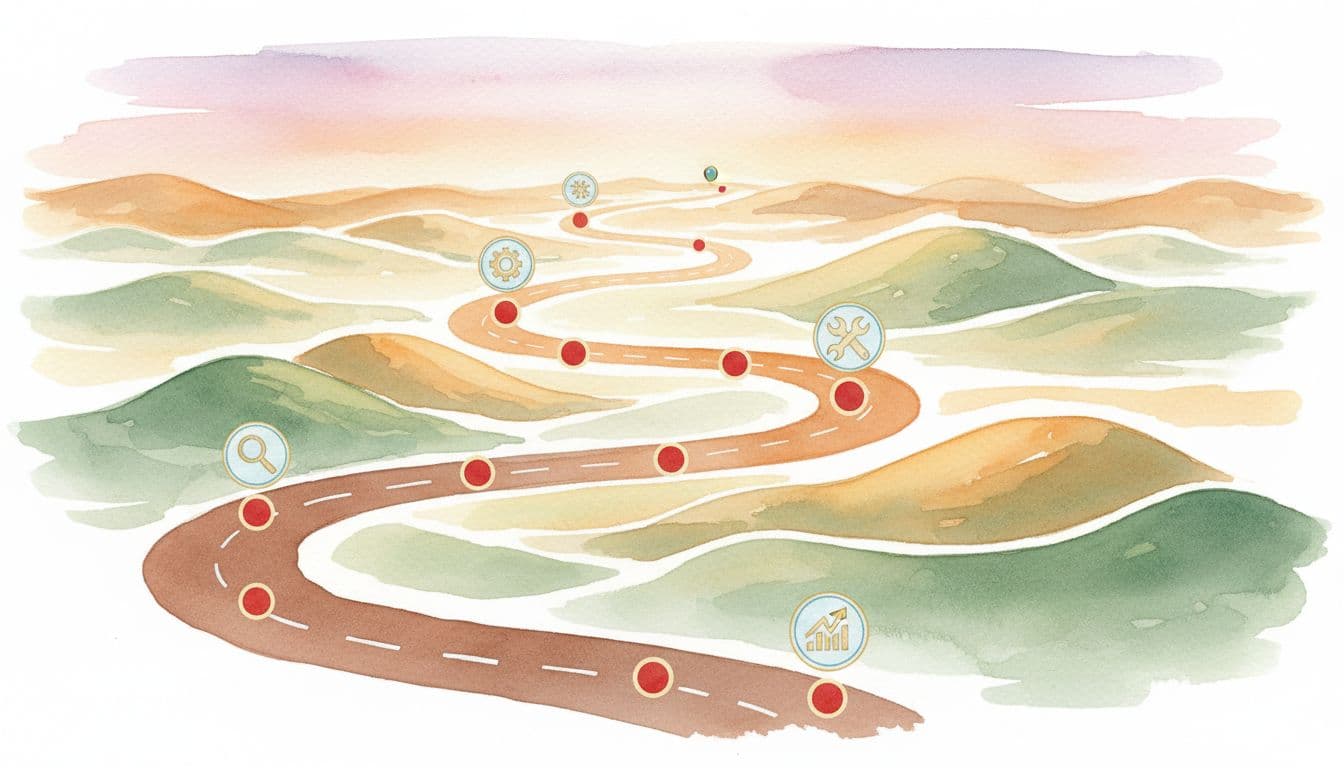 Curving path through soft hills marked by icons for assessment, planning, implementation, and growth, in watercolor style with sunset lighting.