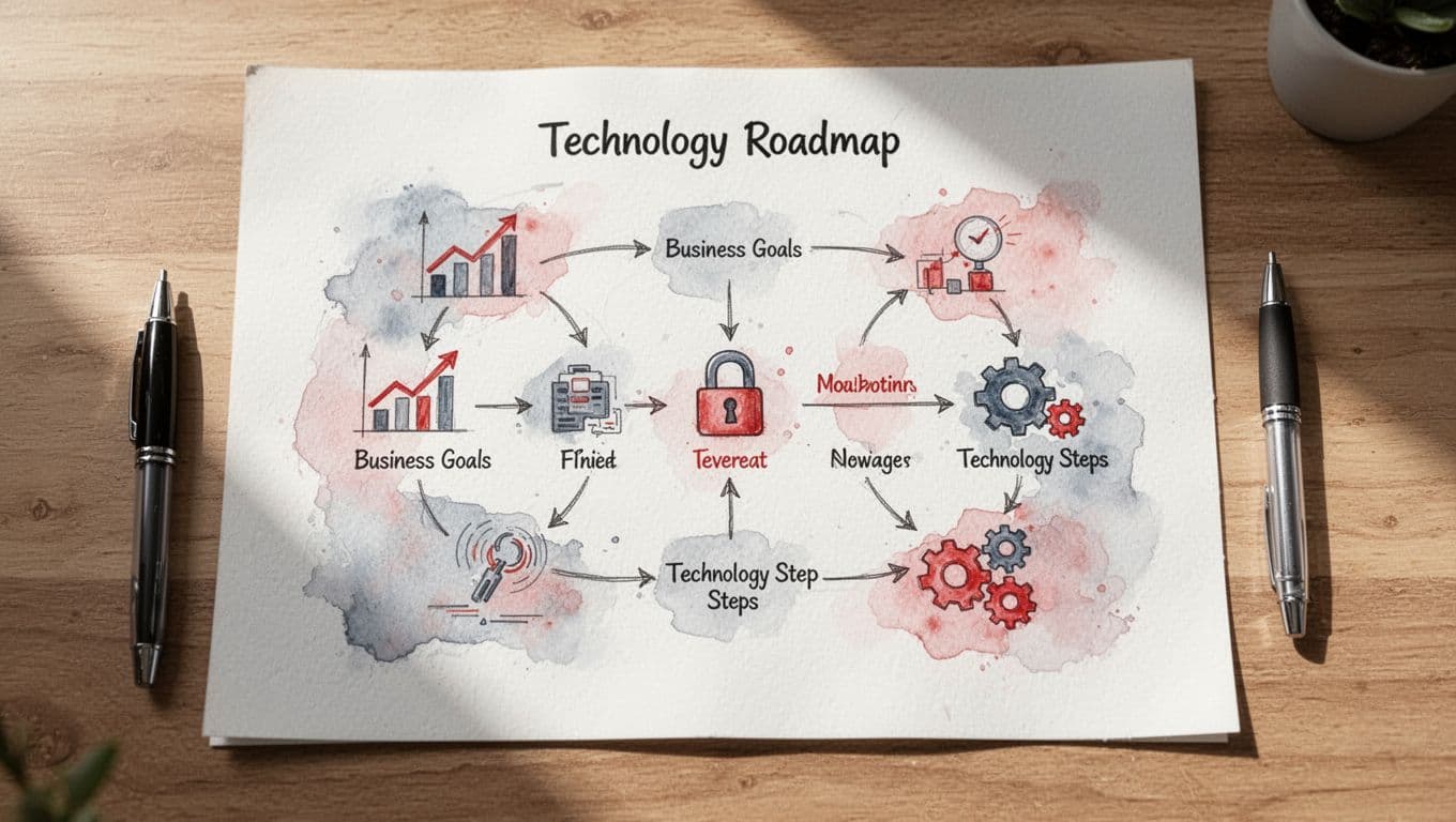 Sketched technology roadmap on white paper atop wooden desk, arrows linking growth chart, lock, gears icons to tech steps, pen nearby.