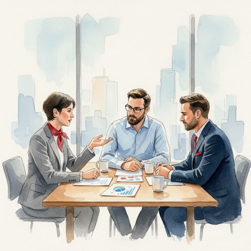 Three focused executives sit around a wooden conference table in a soft, watercolor style.