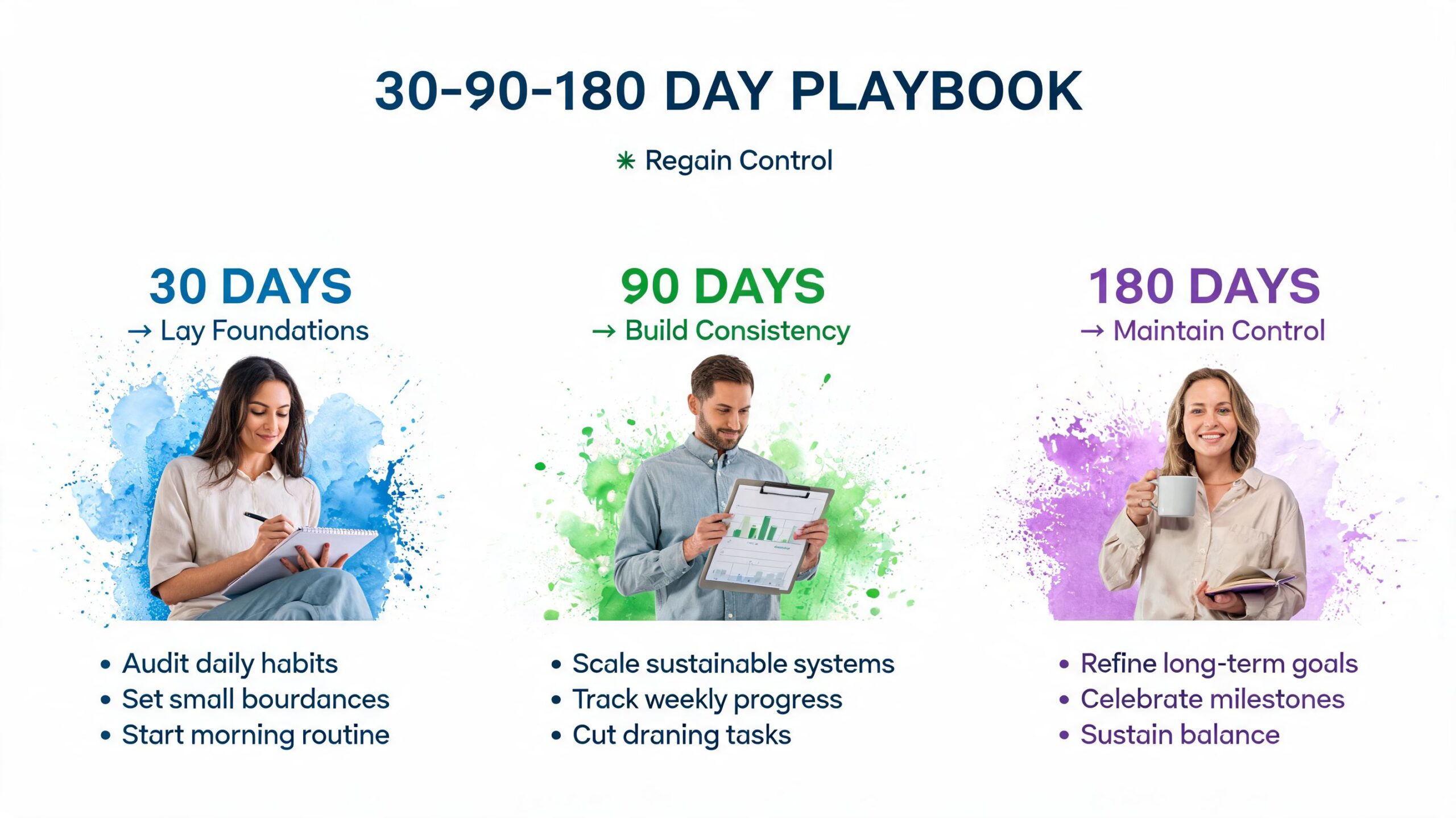 A 30-90-180 day plan infographic showing strategies for productivity, habit building, and maintaining long-term business control.