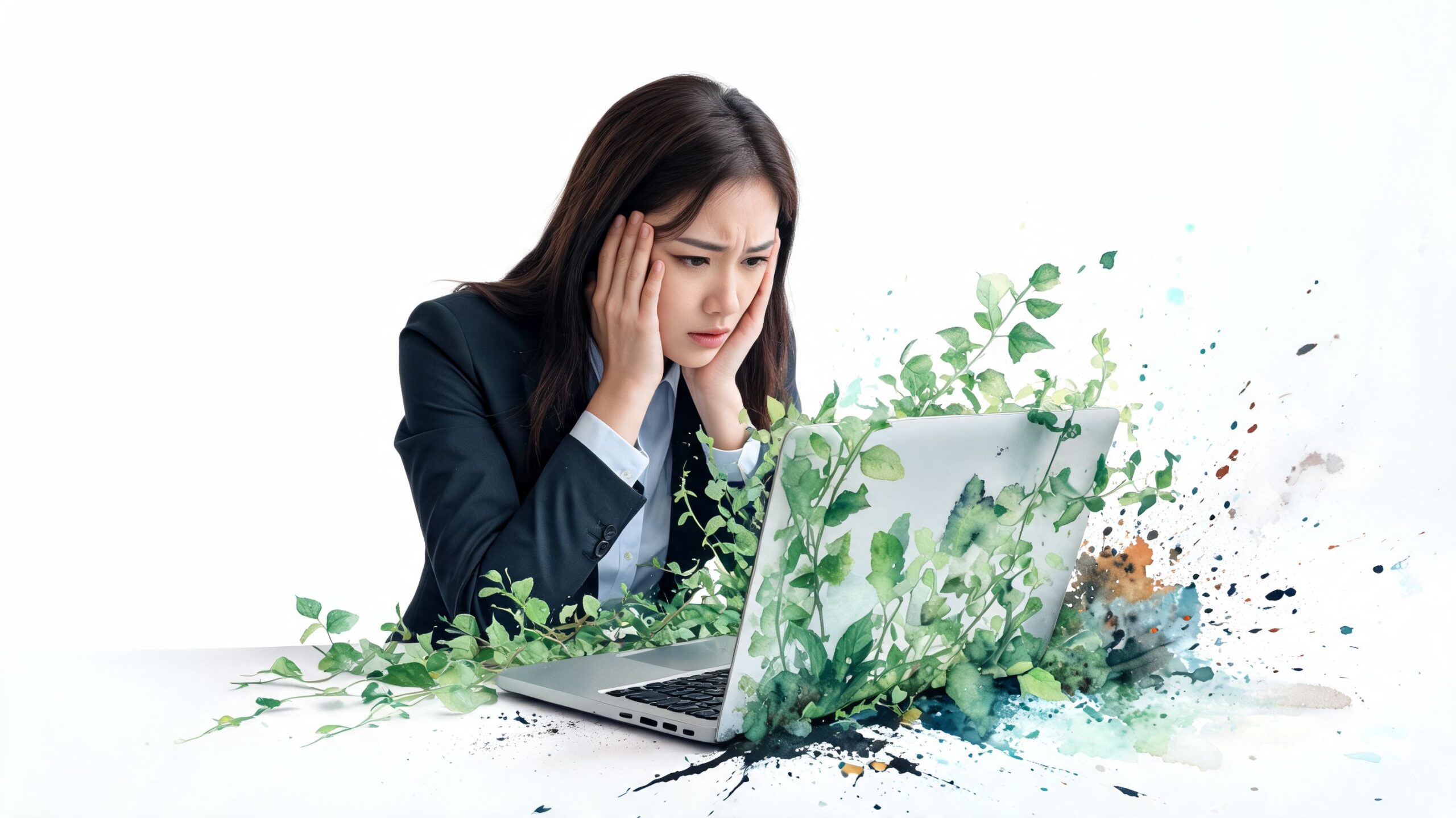 A stressed businesswoman looking at a laptop with lush green plants growing from the screen and keyboard.