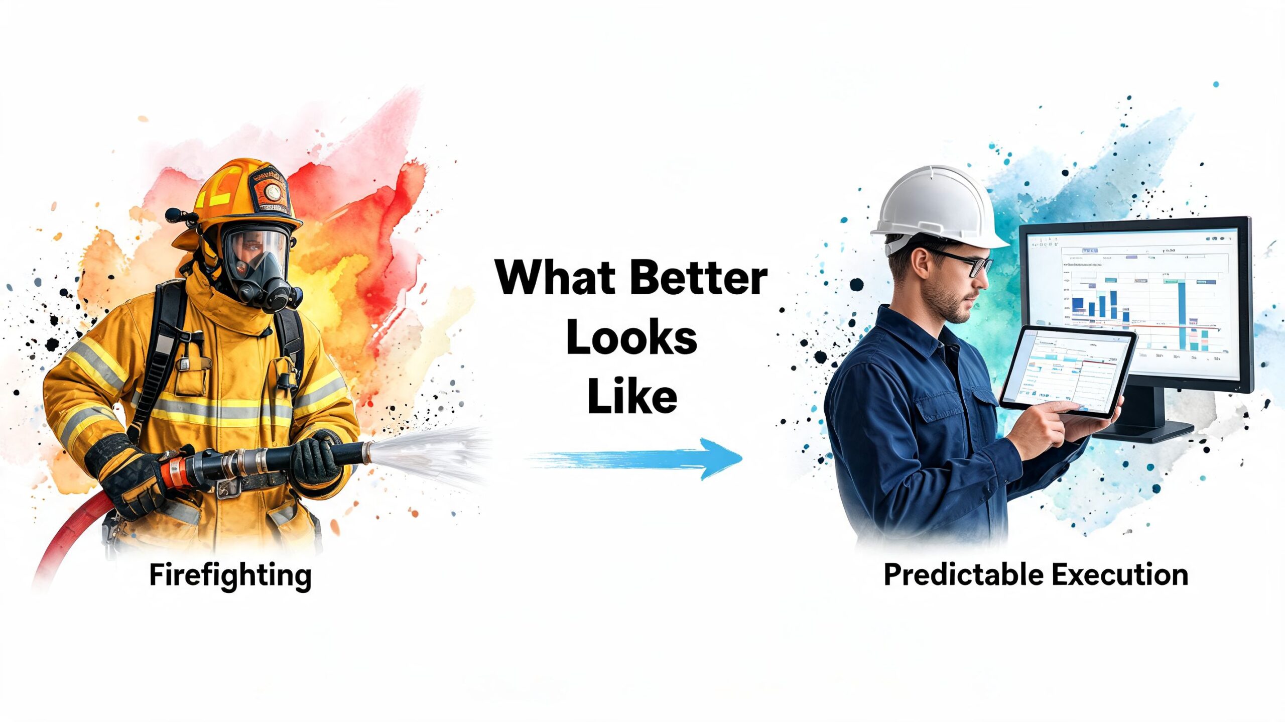 A conceptual comparison showing firefighting versus predictable execution through digital technology and strategic project management.