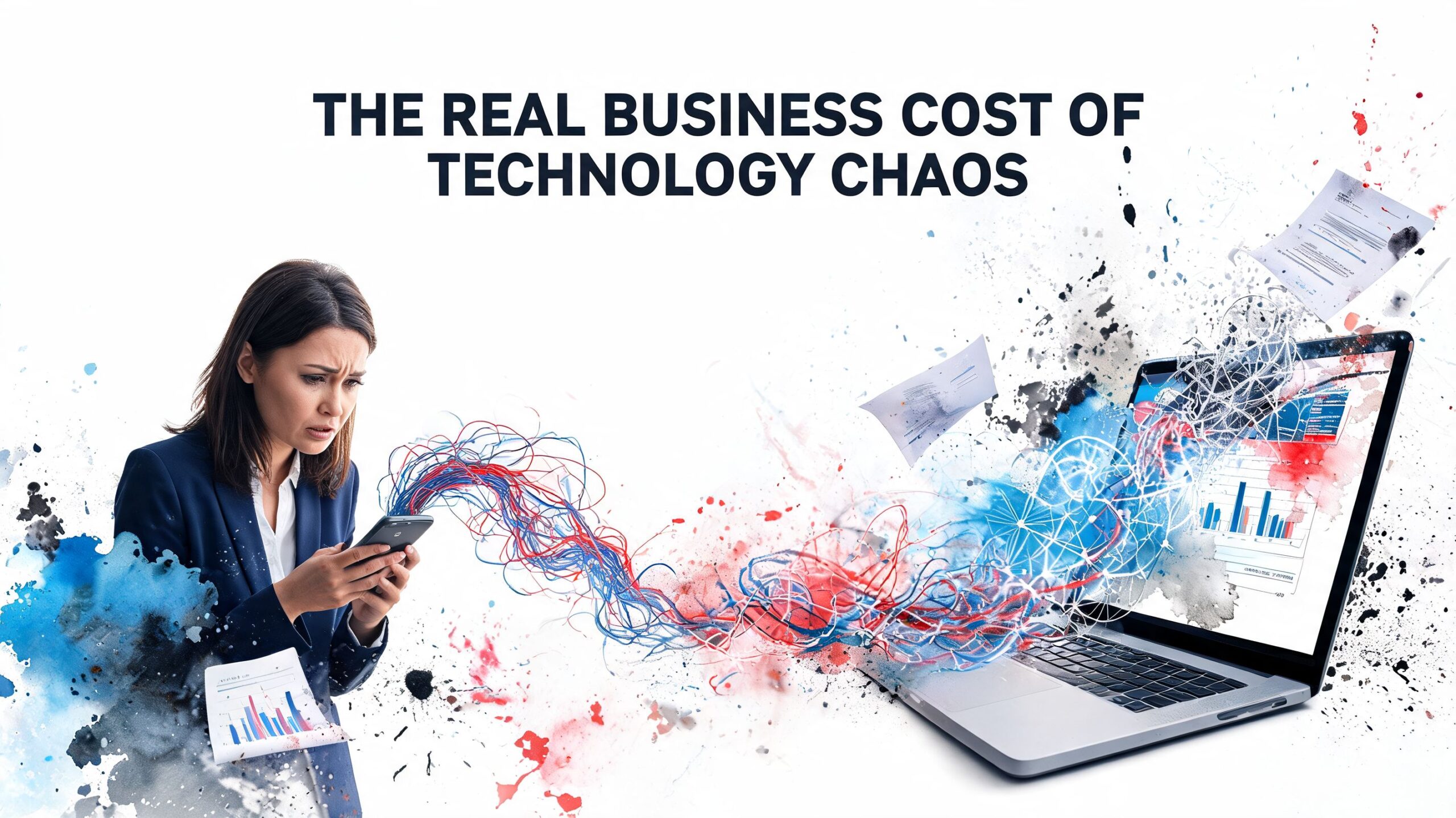 A concerned professional looking at her smartphone while tangled wires connect to a messy laptop screen.