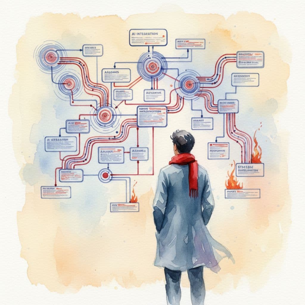A person stands before a sprawling watercolor mural featuring interconnected systems and tech nodes. The artwork utilizes soft brush textures and vibrant red accents against a minimalist, clean white background.