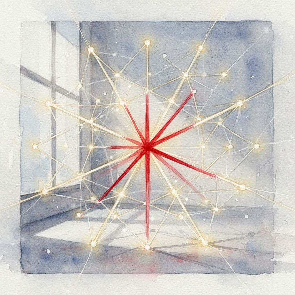 A watercolor web of glowing light lines connects to a single bold red central path.