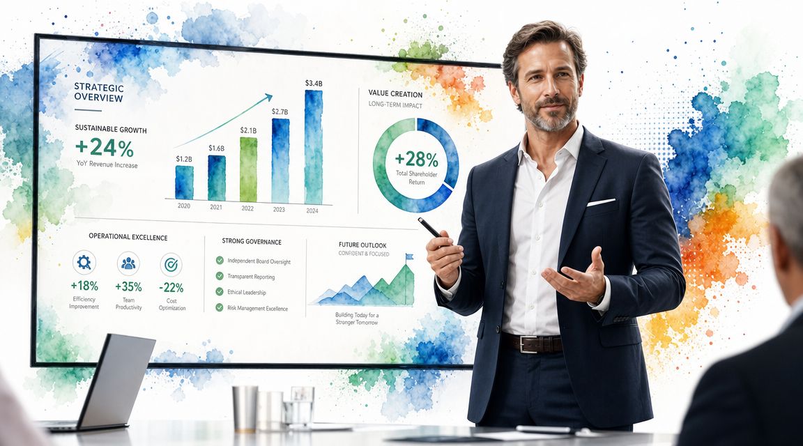 A professional man in a suit presenting business growth charts and data on a large screen.