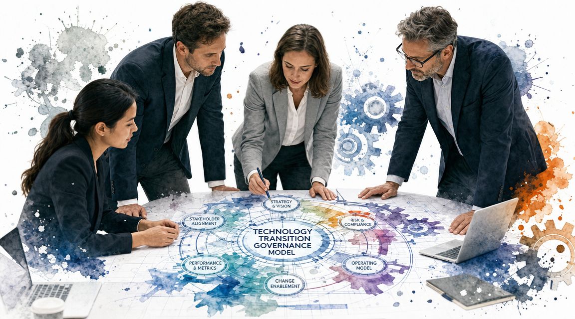 A professional team collaboratively reviewing a technology transition governance model diagram on a large table.