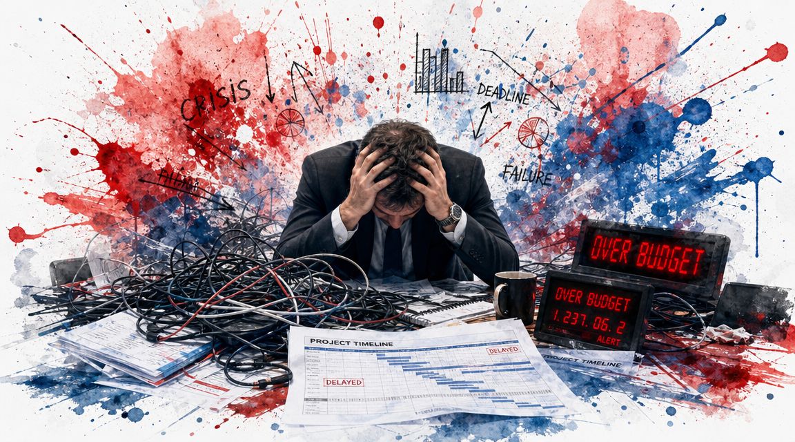 A stressed businessman sits at a cluttered desk surrounded by project delay documents and complex electrical wires.