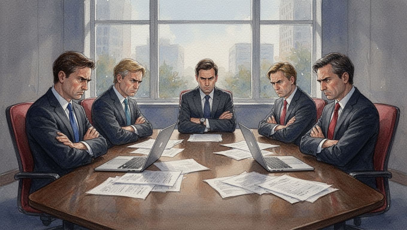 Five frustrated executives with furrowed brows and crossed arms surround a cluttered table with papers and laptops in a dim boardroom.
