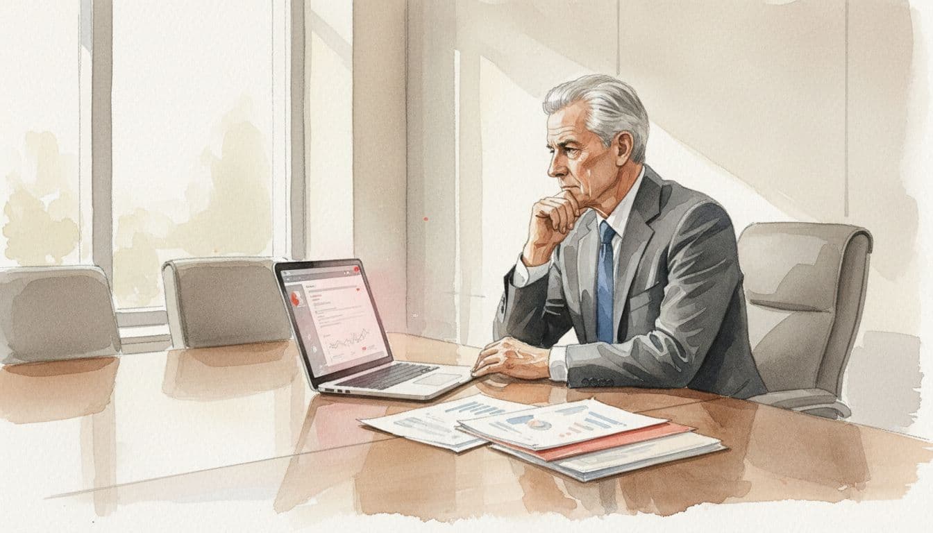 Senior executive sits at conference table with open laptop and chart papers, chin on hand in thoughtful pose, watercolor style.