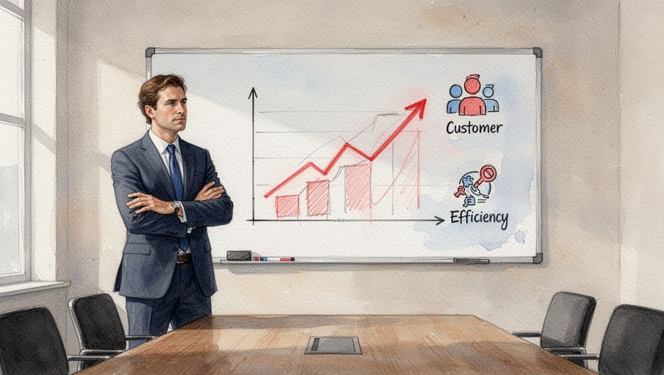 CEO stands arms crossed before whiteboard with sketched growth charts, customer, and efficiency icons in watercolor style.