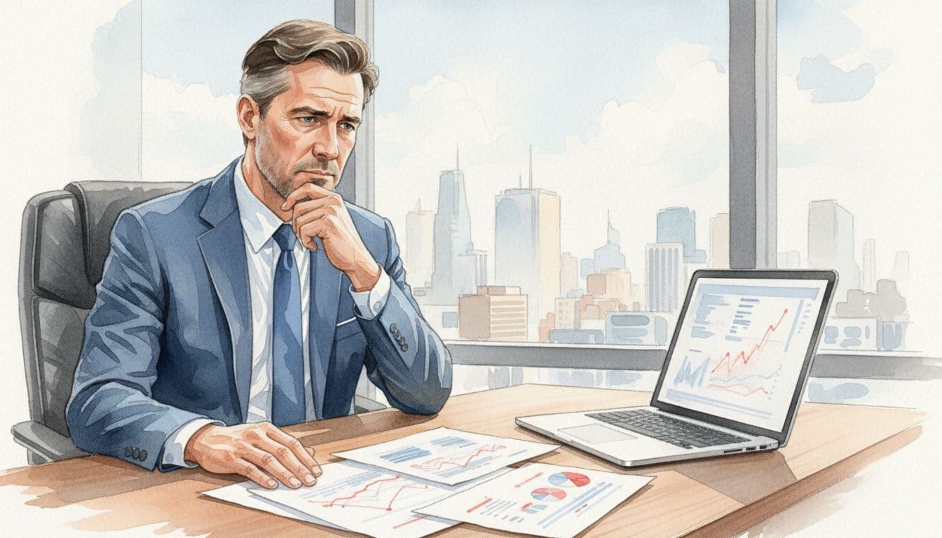Middle-aged CEO at wooden desk ponders scattered chart papers and laptop graphs with subtle frustration, cityscape window behind, in watercolor style.