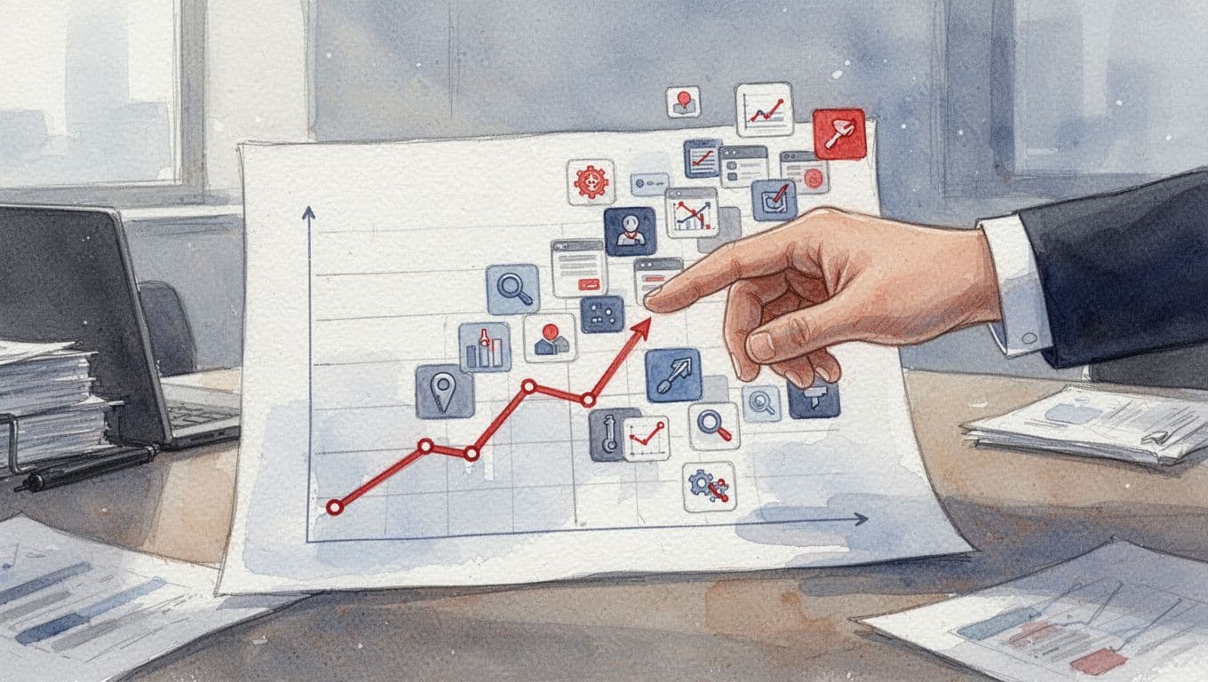 Stacked watercolor vendor tool icons overwhelm a simple business growth chart on a desk, with one hand pointing at it.