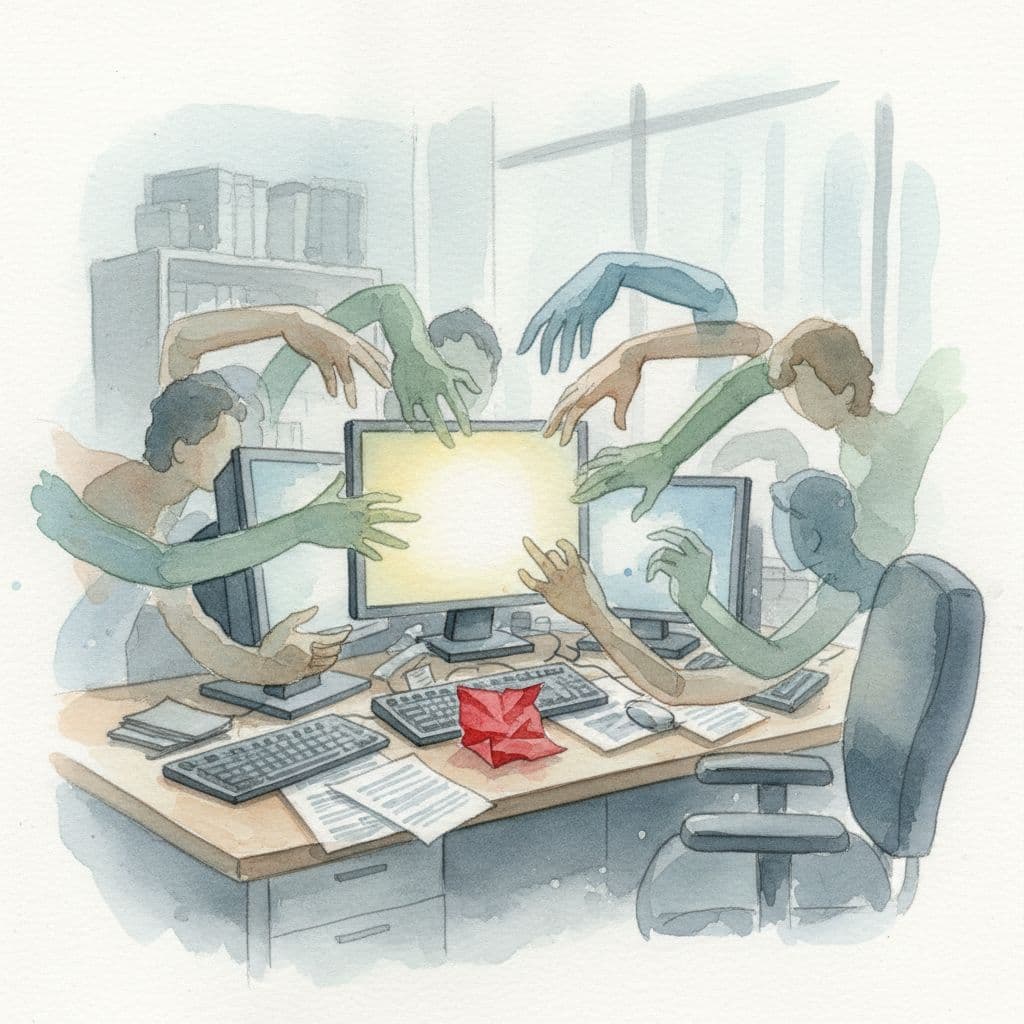 Multiple blurred hands reach toward a single computer on a desk, capturing the feeling of workplace ambiguity.