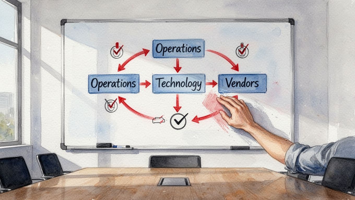 Watercolor whiteboard flowchart with red-accented arrows linking operations, technology, vendors icons and checkpoints, hand erasing section.