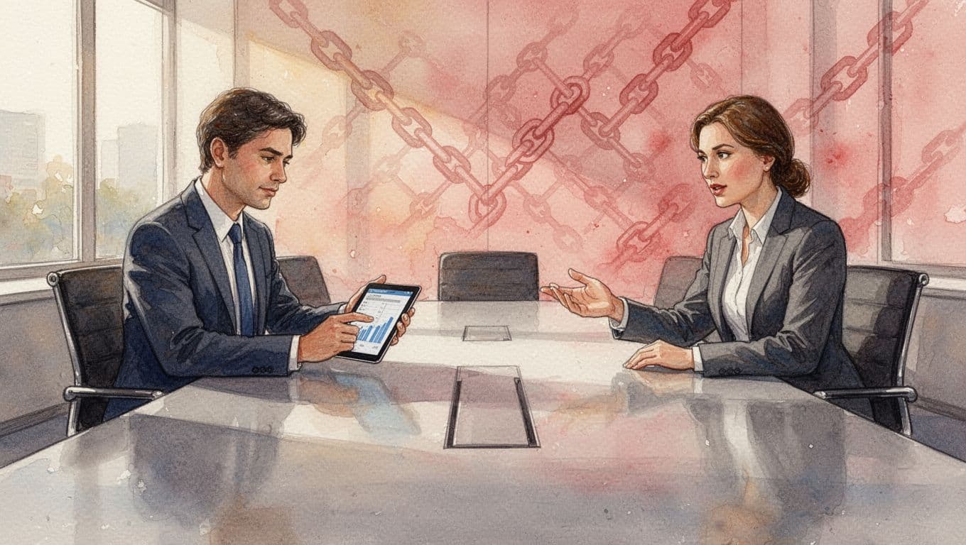 Two professionals review contracts on a tablet in a conference room, subtle red-accented chain link in background, watercolor style.