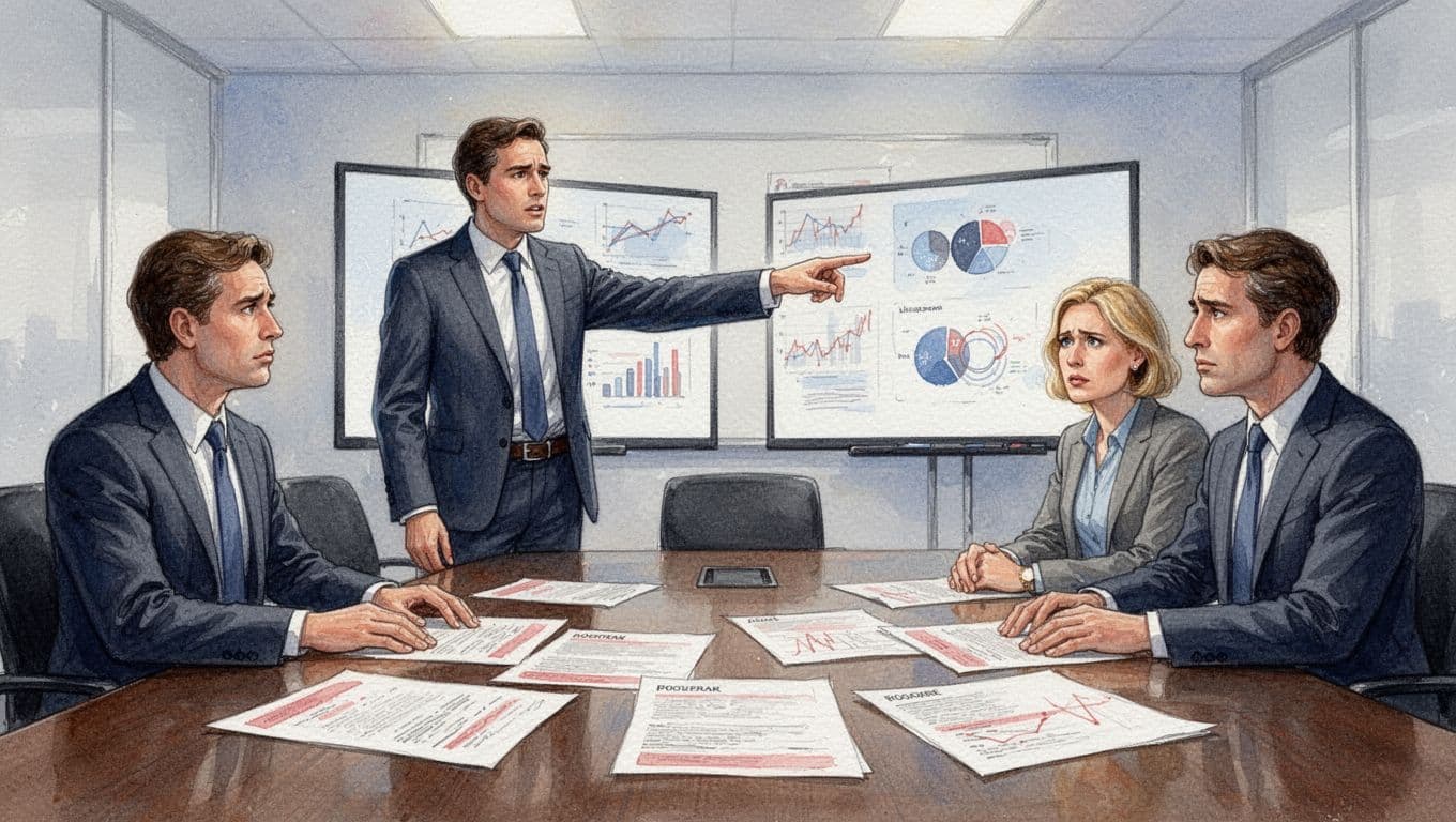 Watercolor boardroom scene shows concerned executives at table with scattered proposals facing dominant vendor pointing to screens.