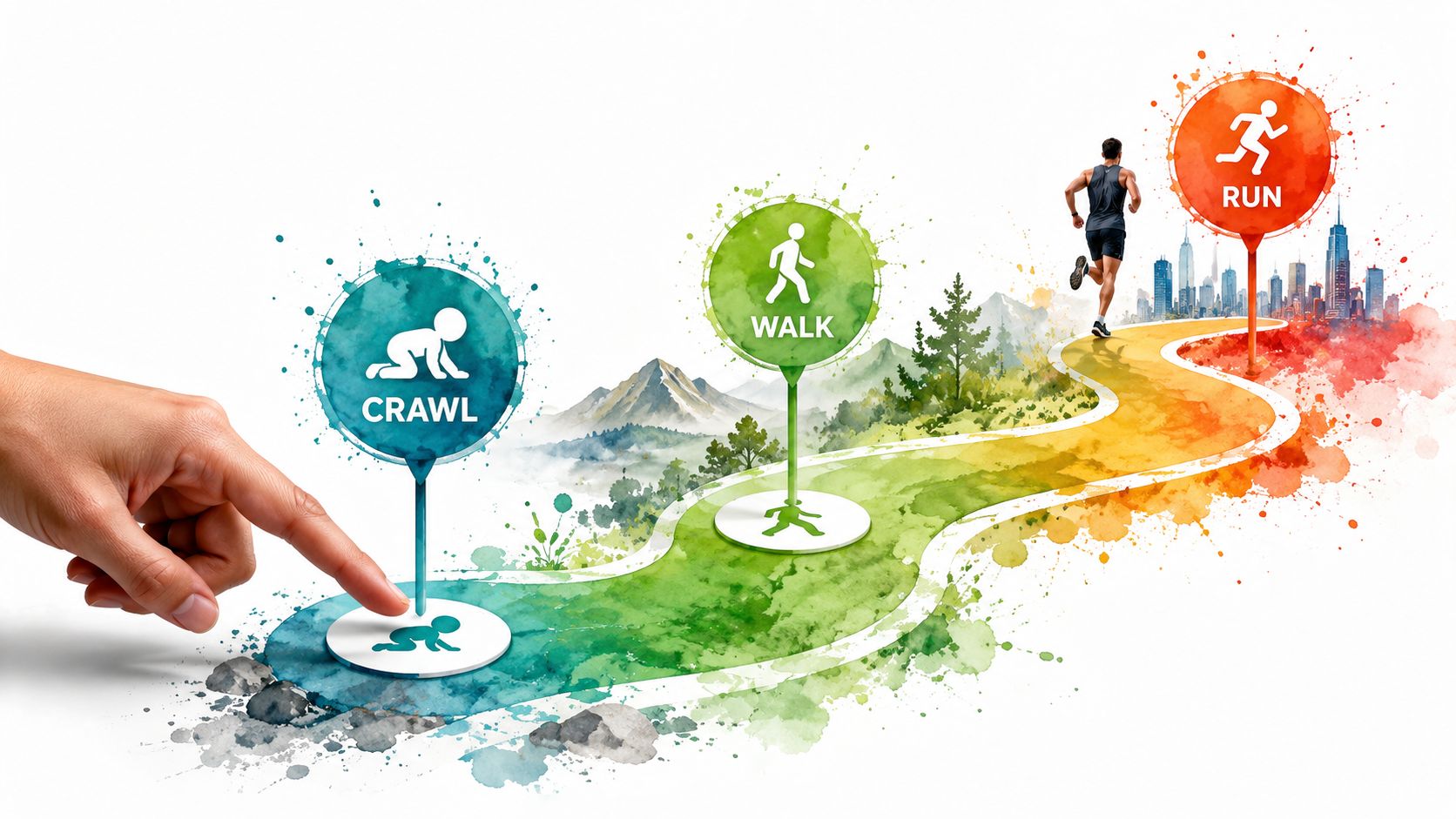 A conceptual path showing personal development stages from crawling to walking and finally running towards success.