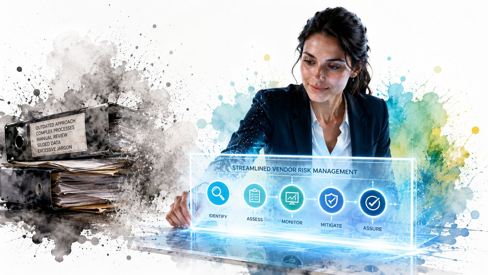 A professional woman uses a digital interface to transition from paper-based files to streamlined vendor risk management processes.