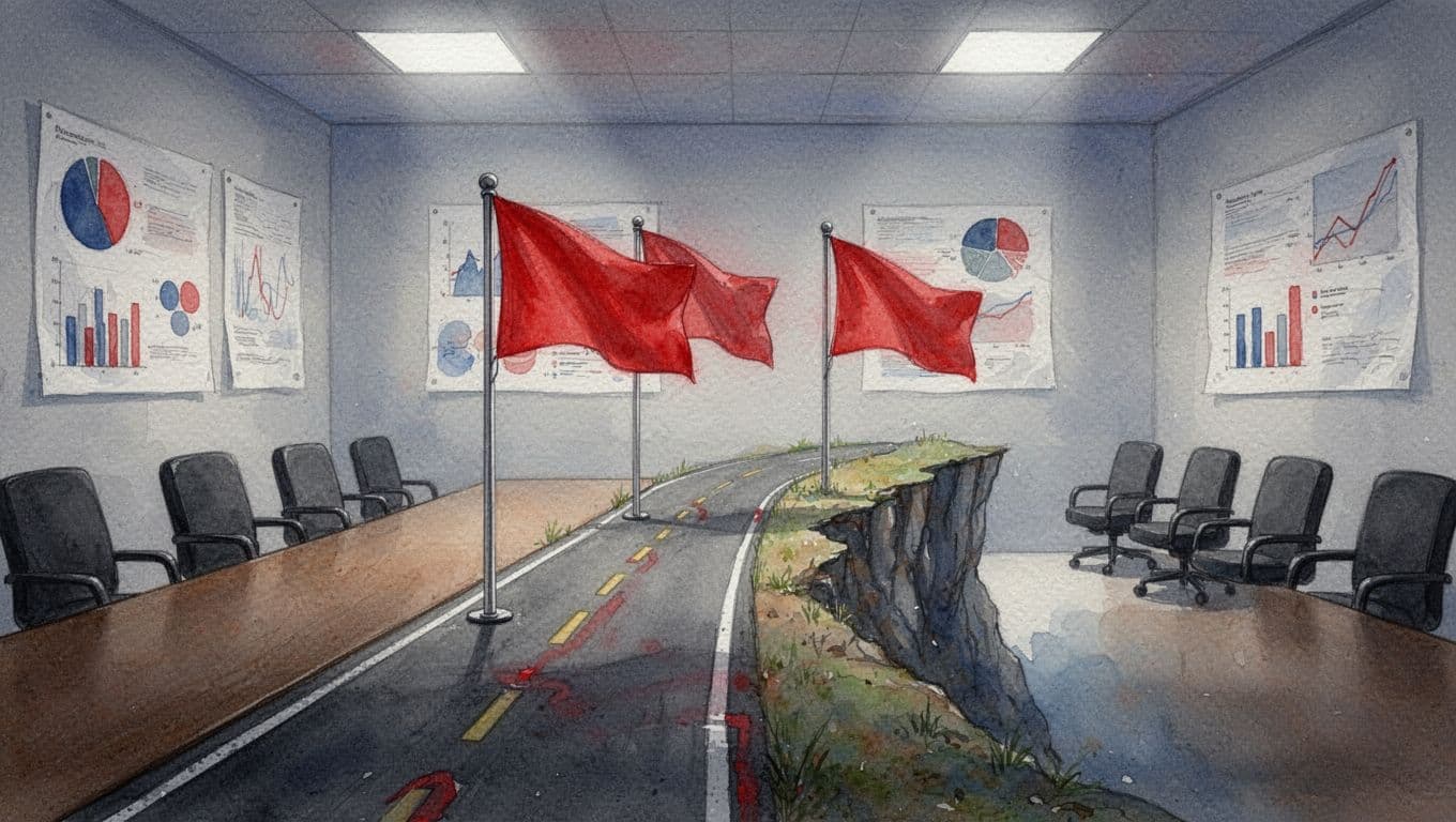 Subtle red flags wave along a business roadmap to a cliff edge in an empty conference room with wall charts.