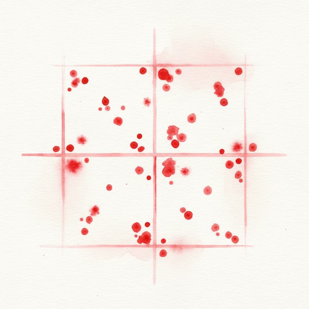 A minimalist watercolor matrix features red grid lines and scattered data points on a light background.
