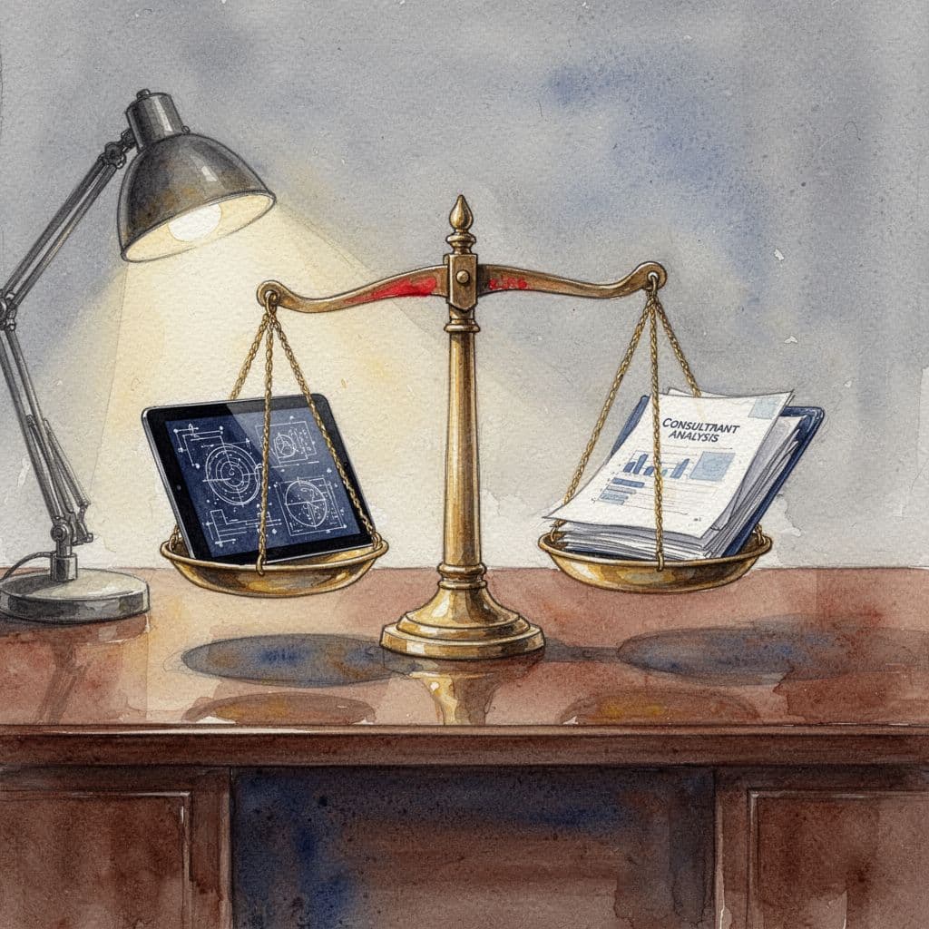 Watercolor balance scale on executive desk weighs fractional CTO leadership icons against consultant report folder.