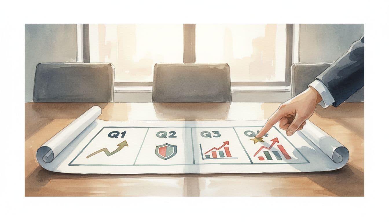 Conference table with large watercolor roadmap paper divided into quarters, red-accented icons like growth arrow and risk shield, one executive hand pointing to milestone.