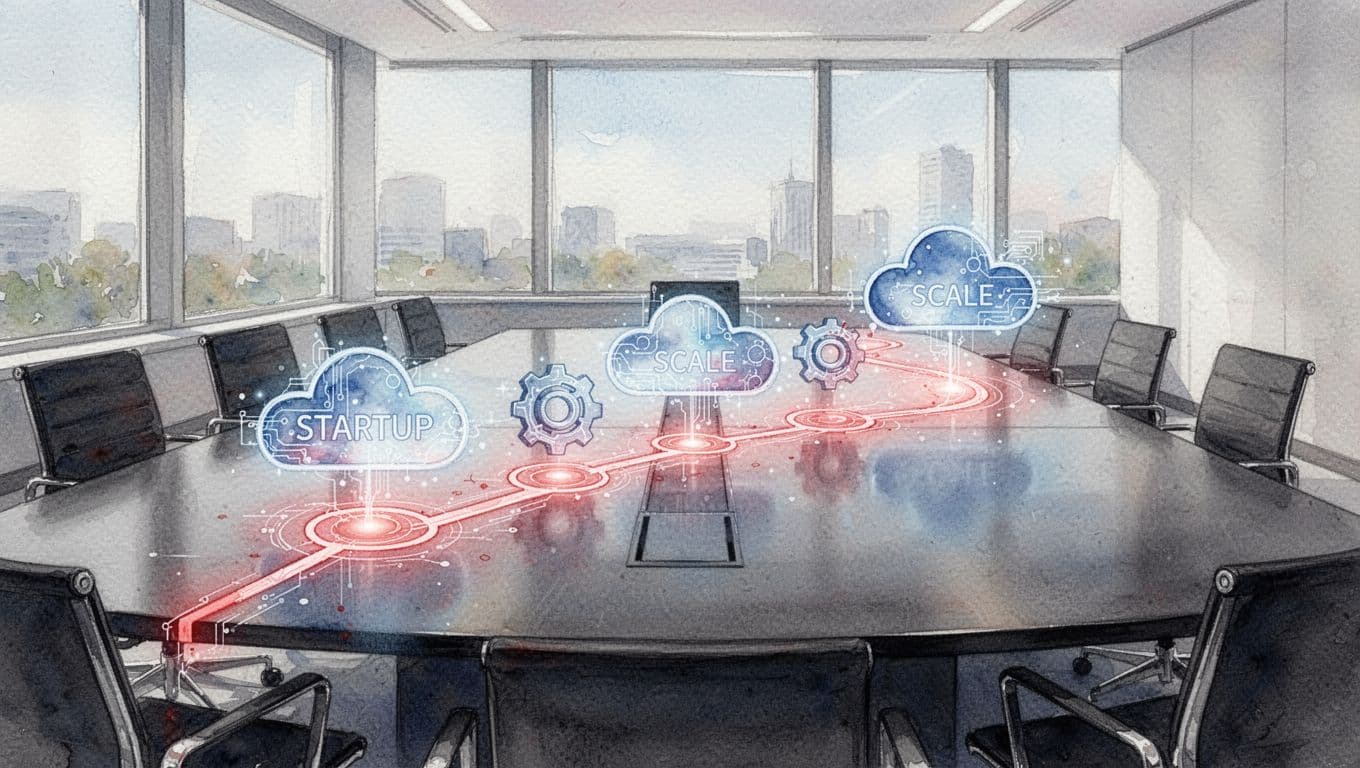 Watercolor business roadmap chart on conference table with glowing red cloud icons and gears.