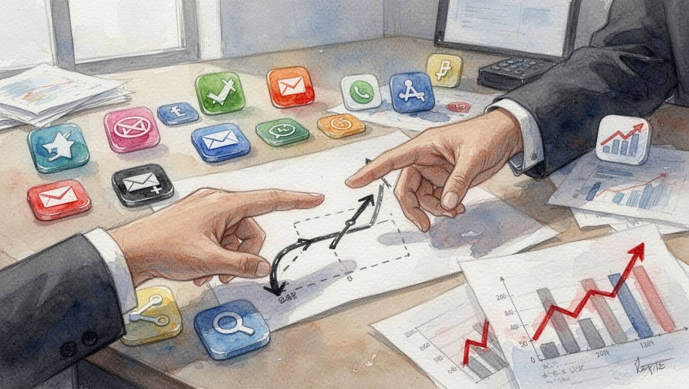 Watercolor cluttered desk with overlapping icons, faded vendor logos, rising cost charts in red highlights, hand pointing to roadmap.