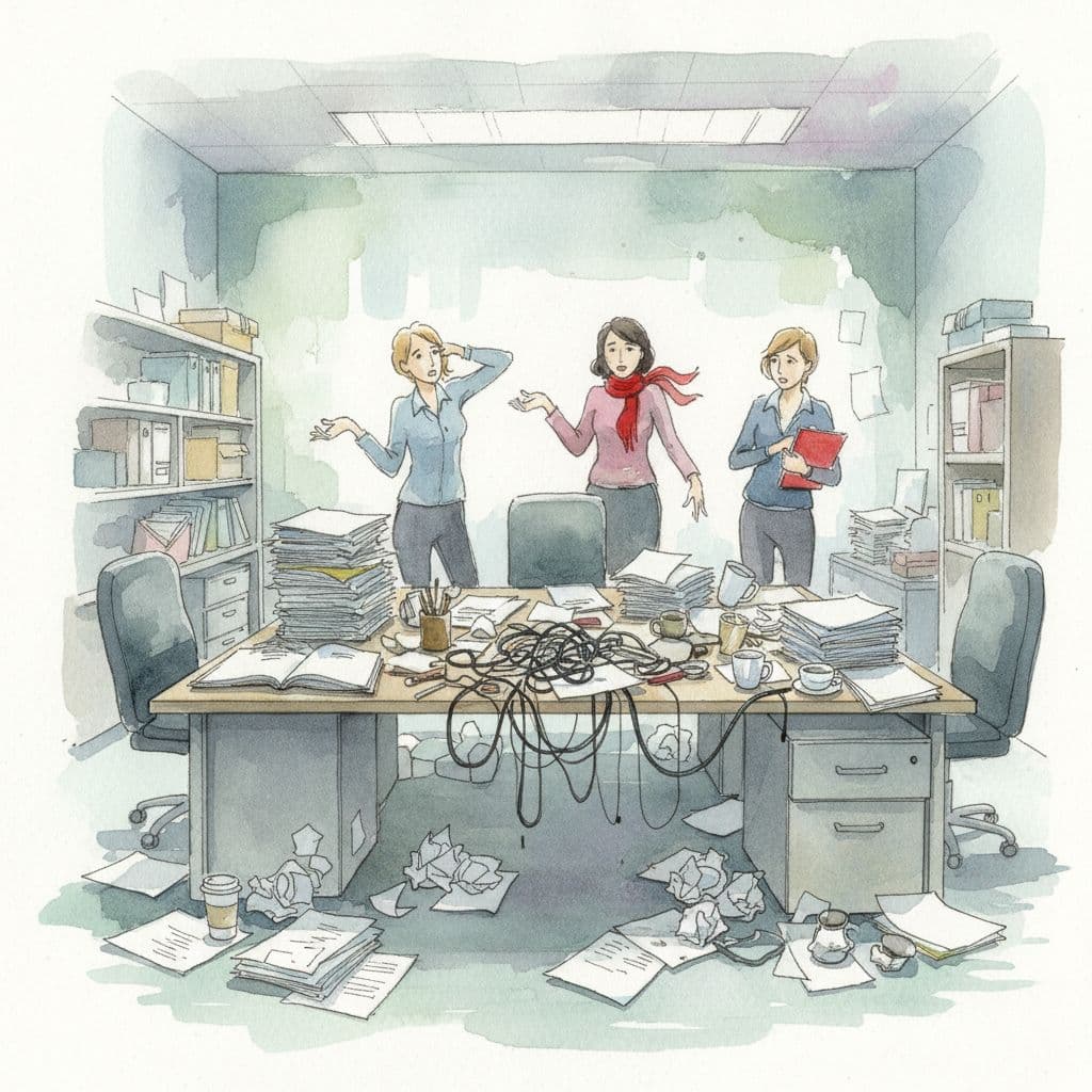Watercolor painting of cluttered office with scattered papers and three confused people amid soft muted colors.