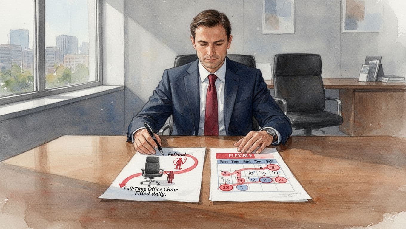 Watercolor of calm executive at wooden desk with papers showing full-time chair path and part-time calendar path.