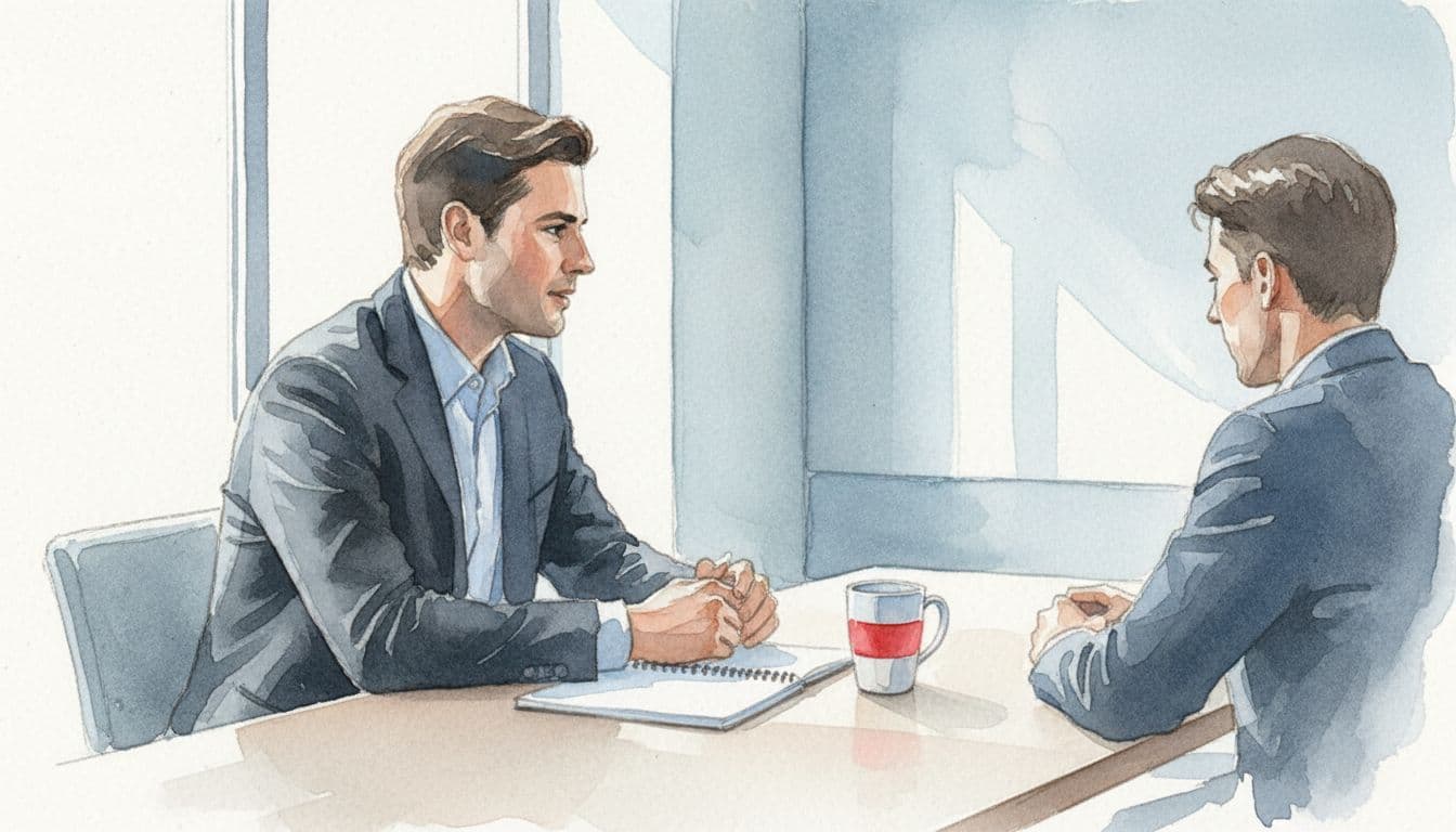 Watercolor side view of executive at wooden table with notebook and red mug, facing off-frame figure in modern office.