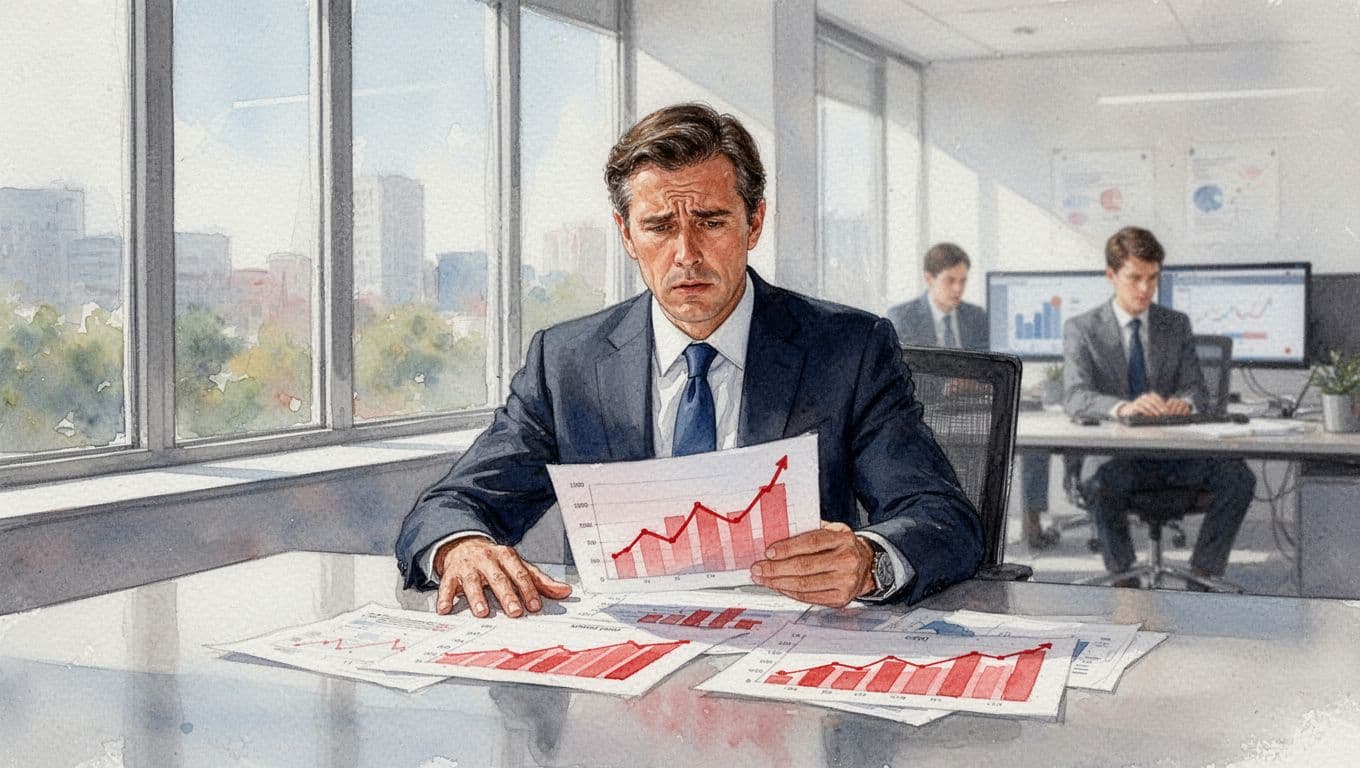 Watercolor of concerned executive at desk reviewing red-accented charts showing rising costs from downtime, blurred team member fixes computer behind.