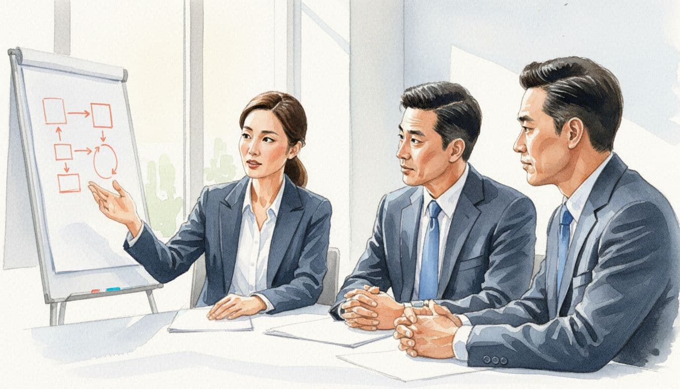 Watercolor of three mid-40s executives, two men one woman in professional attire, interacting around flipchart with red-lined diagram in sunlit meeting room.