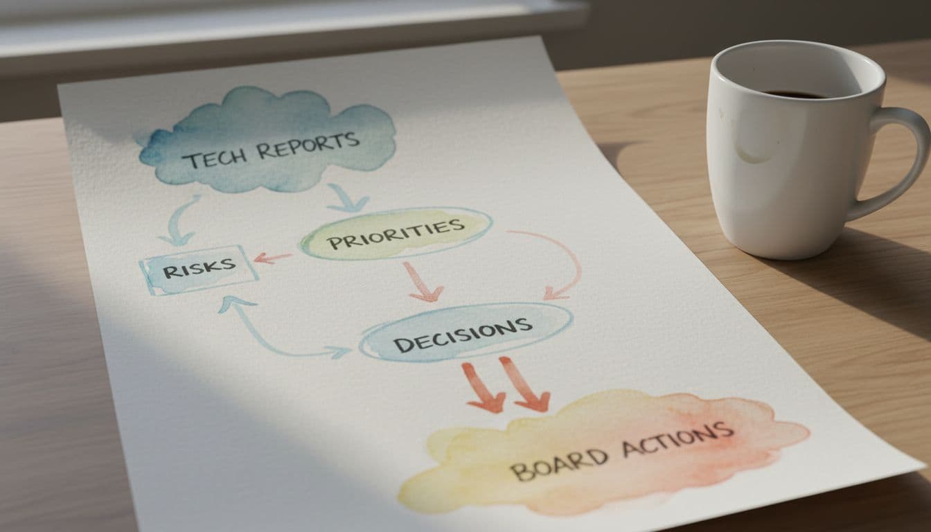 Hand-drawn watercolor flowchart on paper shows priorities, risks, decisions from tech reports to board actions, coffee mug on desk.