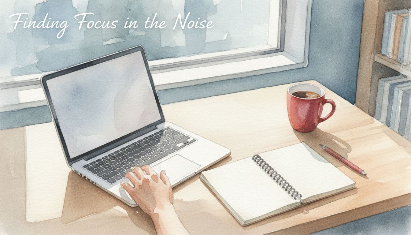 High-angle watercolor view of clean wooden desk with laptop, notepad, red coffee mug, pen, and one person.