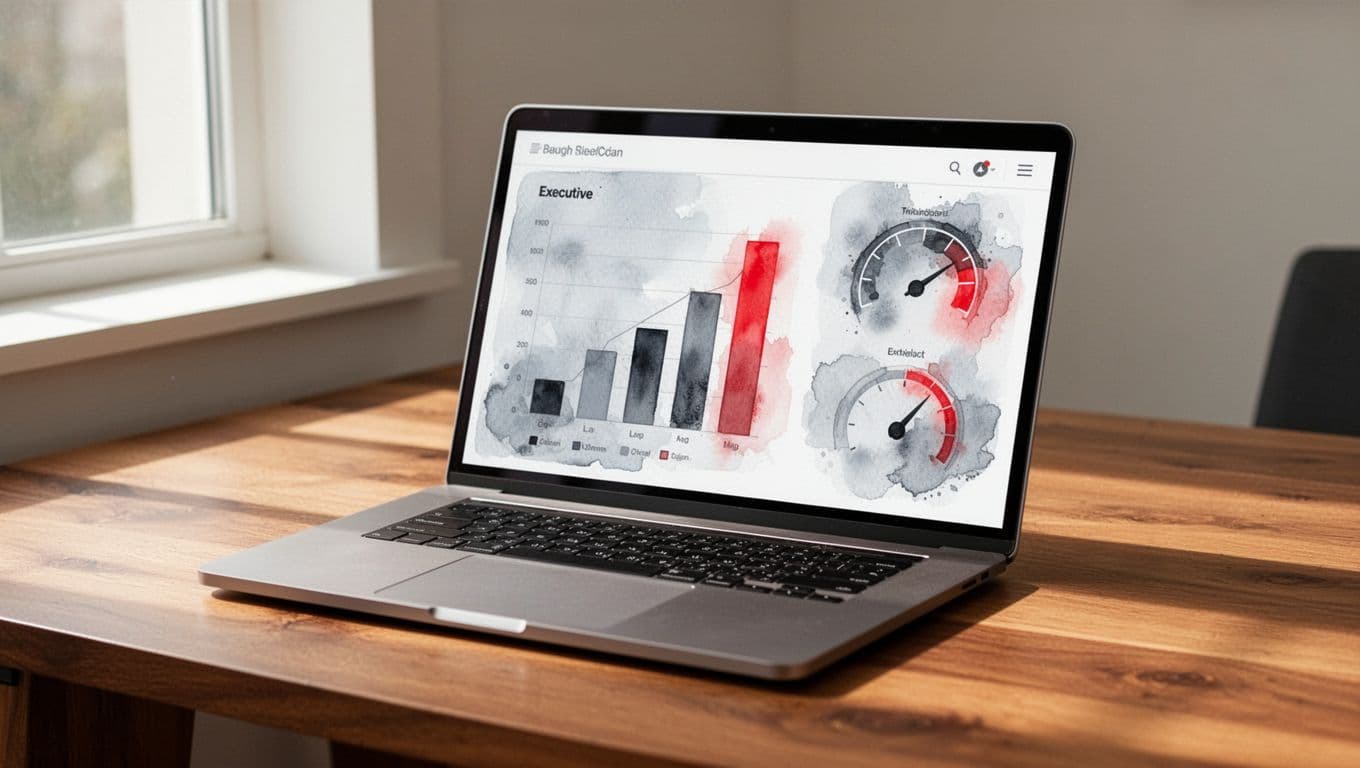Laptop on wooden desk shows simple executive dashboard with bar charts and gauges in red accents, watercolor style.