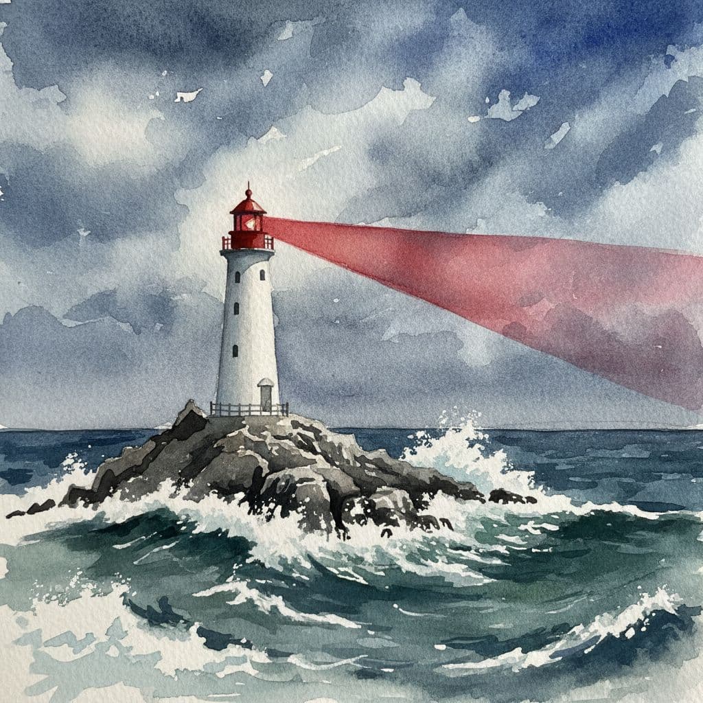 Watercolor lighthouse on rocky shore casts focused red beam across turbulent sea.