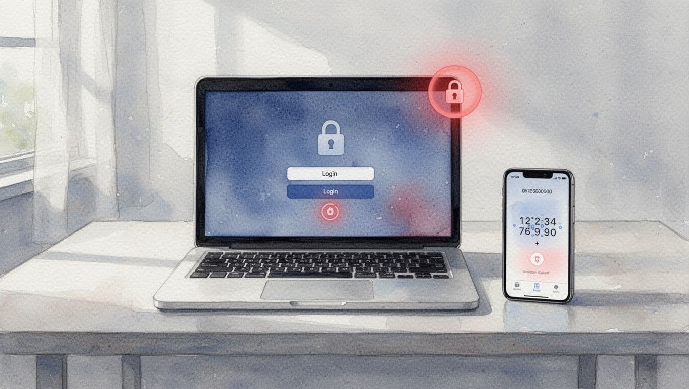 Laptop login screen next to phone with MFA code, password vault icon, and update badge on simple desk.