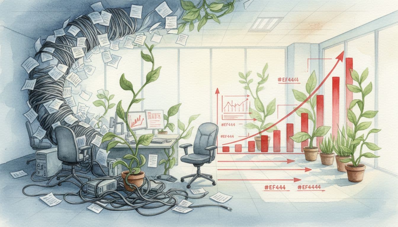 Scattered papers and tangled cables transform into aligned charts and paths in empty watercolor office, plants emerging from clutter.