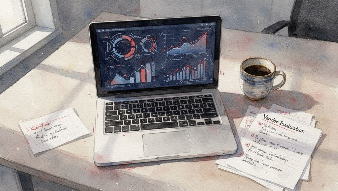 Top-down watercolor view of clean desk with open laptop on abstract tech charts, coffee mug, and vendor evaluation notes.