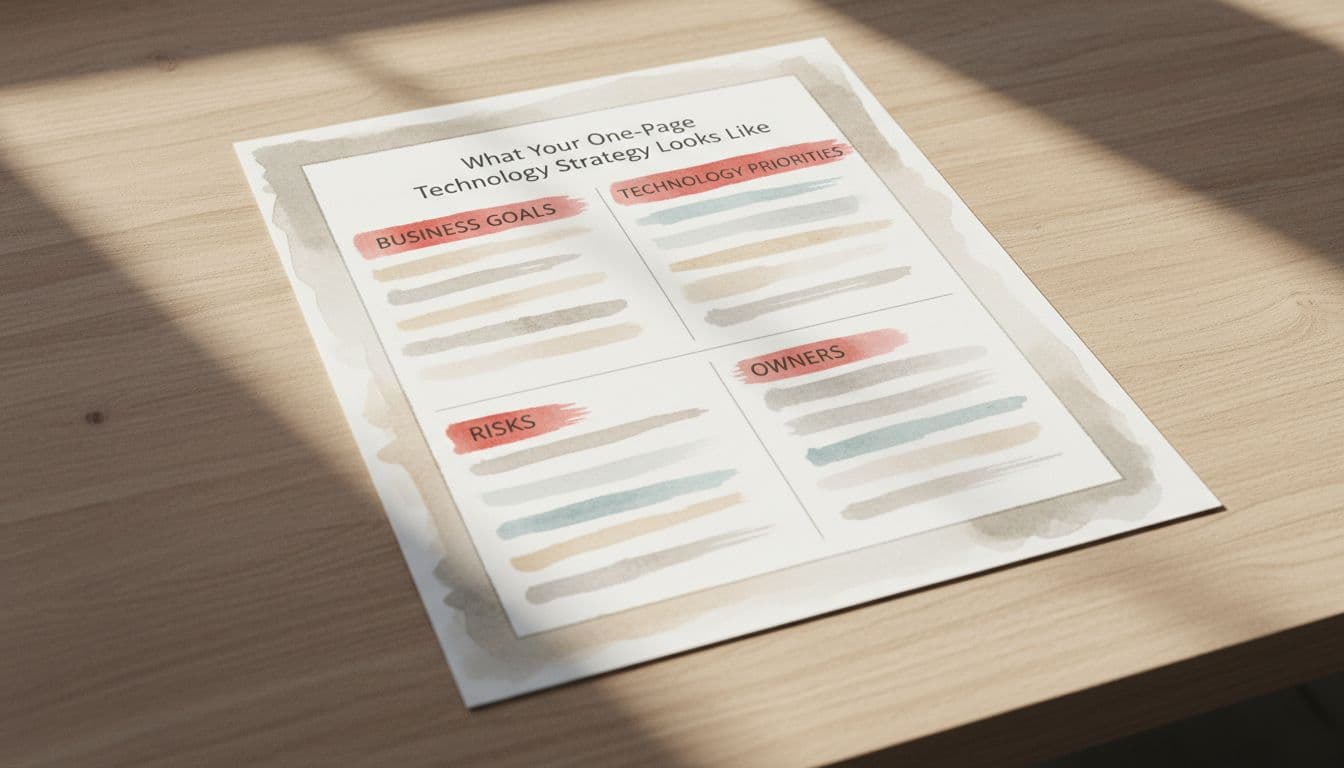 Watercolor-style one-page document on wooden desk shows sections for business goals, tech priorities, risks, and owners.