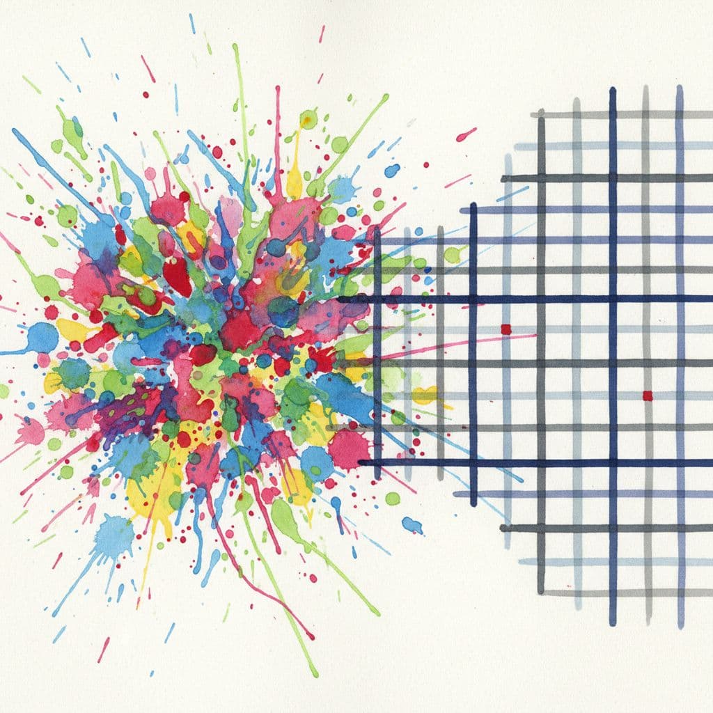 A watercolor painting displays vibrant paint splatters on the left transitioning into a precise geometric grid.