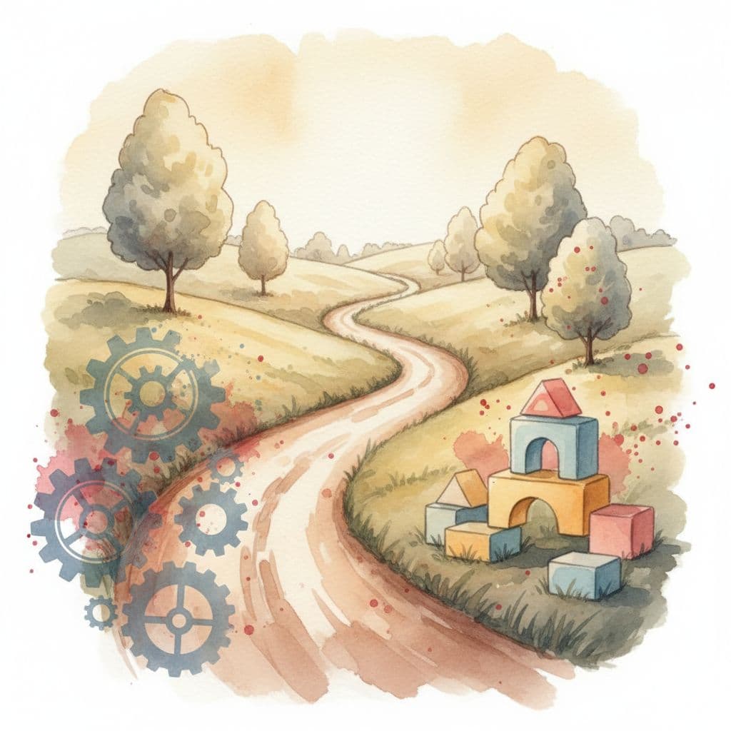 Watercolor fork in road shows gear icons on one path and building block icon on the other.