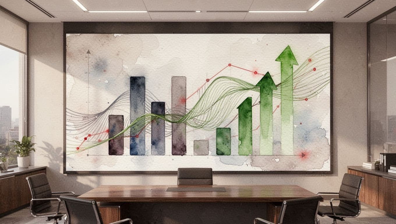 Large screen in office displays abstract bar charts, line graphs, green up arrows, red accents in watercolor style; tablet nearby.